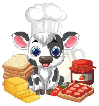 Cartoon Cow Chef with Breakfast Bread Butter and Strawberry Jam Stock Illustration