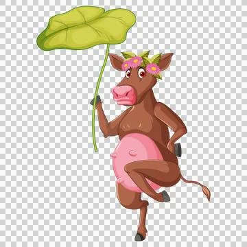 Cartoon cow dancing with leaf Illustration