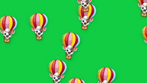 Cartoon Cows Falling in Colorful Hot Air Balloons on Green Screen Stock Footage 339516360