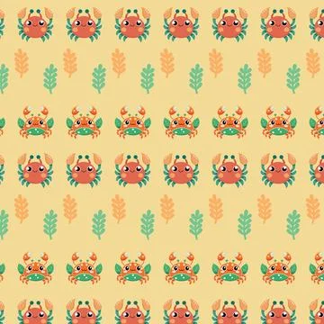 Cartoon Crab and Leaf Pattern with Bright Tropical Colors Stock Illustration