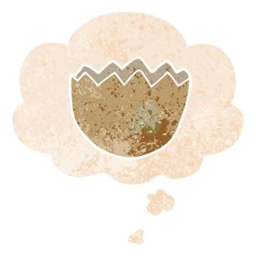 Cartoon cracked eggshell and thought bubble in retro textured style 스톡 일러스트