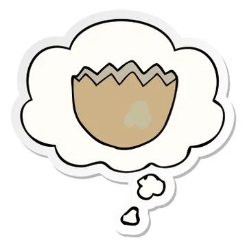 Cartoon cracked eggshell and thought bubble as a printed sticker Stock Illustration