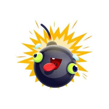 Cartoon crazy exploding bomb character with wick Illustrazione stock