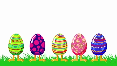 Cartoon crazy jumping eggs in a green grass. Happy Easter greeting card Video stock 87199403