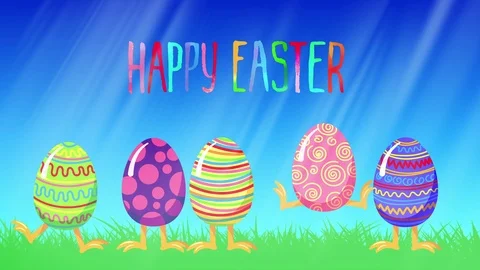 Cartoon crazy jumping eggs in a green grass. Happy Easter lettering. Video stock 87199553