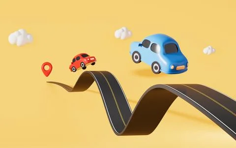 Cartoon creative highway and flying cars in the yellow background, 3d rende.. Stock Illustration