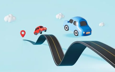 Cartoon creative highway and flying cars in the yellow background, 3d rende.. Stock Illustration