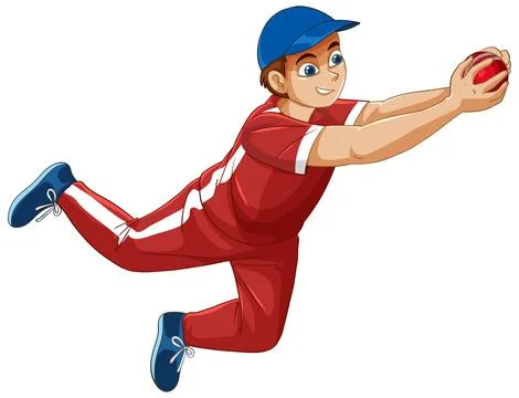 Cartoon Cricket Player Diving to Catch a Red Ball Stock Illustration