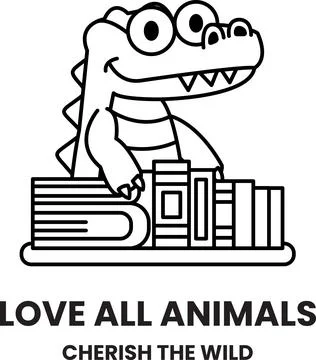 A cartoon crocodile holding a stack of books and the words "Love all animals Stock Illustration
