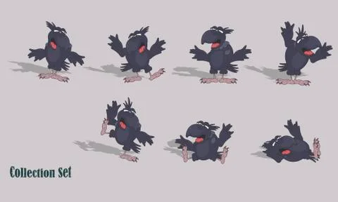 Cartoon crow in various poses. Set of vector illustrations for design. Stock Illustration