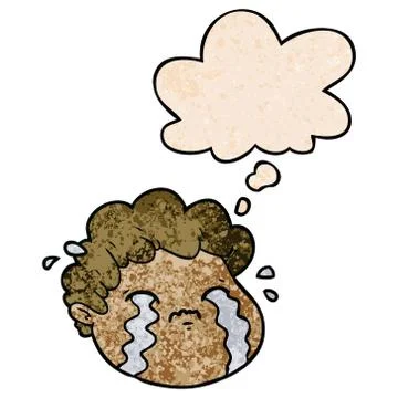 Cartoon crying boy and thought bubble in grunge texture pattern style 스톡 일러스트