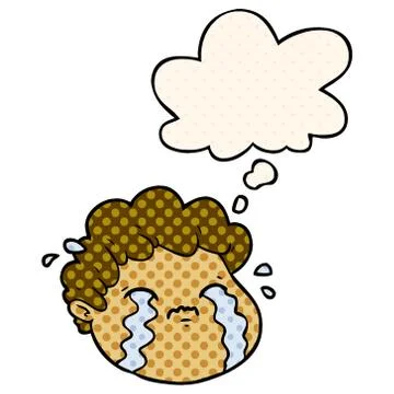 Cartoon crying boy and thought bubble in comic book style Stock Illustration