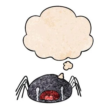 Cartoon crying spider and thought bubble in grunge texture pattern style Stockillustratie