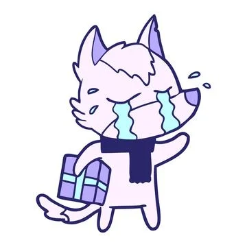 Cartoon crying wolf with christmas present in bright neon color Stock Illustration