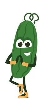 Cartoon cucumber doing exercises. Vegetable standing in yoga asana. Funny Stock Illustration