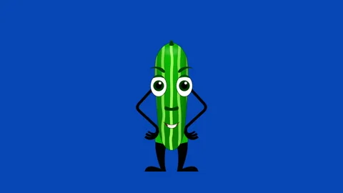 Cartoon cucumber talking loop on the blue screen. Vegetable animation. Stockbeeldmateriaal 173596276