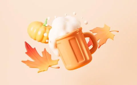 Cartoon cup beer, maple leaf and pumpkin, autumn and harvest concept, 3d re.. Stock Illustration
