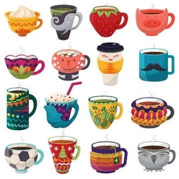 Cartoon cup vector kids creative mugs coffee or tea cupful on breakfast various Stock Illustration