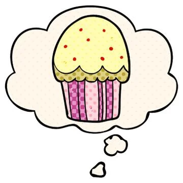 Cartoon cupcake and thought bubble in comic book style Stock Illustration