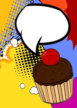 Cartoon Cupcake with blank speech bubble, comic book Muffin background. Ret.. イラスト素材