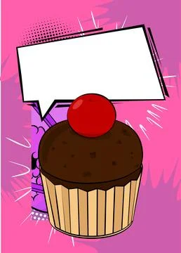 Cartoon Cupcake with blank speech bubble, comic book Muffin background. Ret.. Illustrazione stock