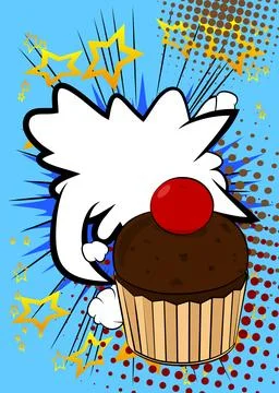 Cartoon Cupcake with blank speech bubble, comic book Muffin background. Ret.. Stock Illustration