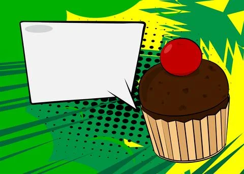 Cartoon Cupcake with blank speech bubble, comic book Muffin background. Ret.. Stock Illustration
