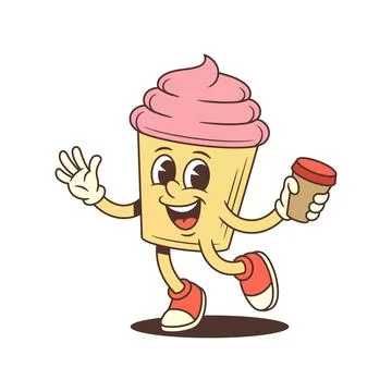 Cartoon cupcake character mascot vector illustration with coffee cup and wavi Stock Illustration