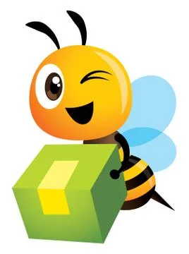 Cartoon cute bee carries a big green box for delivery service Ilustración de archivo