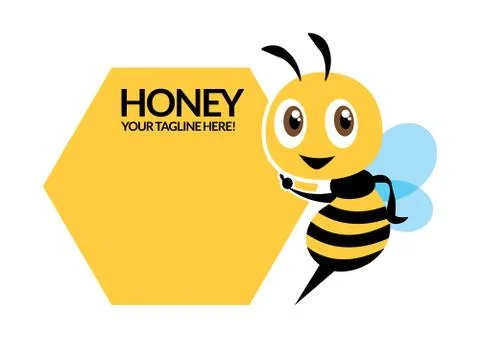 Cartoon cute bee character, flat vector mascot, pointing signboard Ilustración de archivo