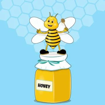 Cartoon cute bee mascot pointing holding honey dipper standing on honey jar. Stock Illustration