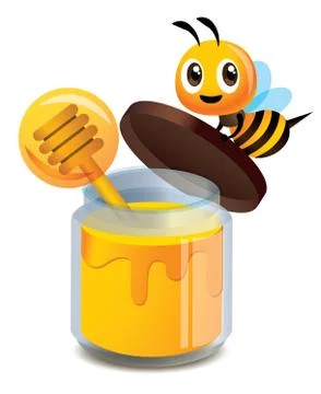 Cartoon cute bee open the clear glass bottle cap of honey Stock-Illustration