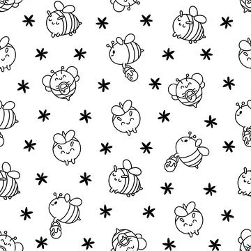 Cartoon cute bee. Seamless pattern. Coloring Page. イラスト素材