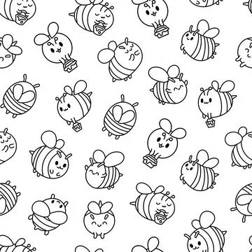Cartoon cute bee. Seamless pattern. Coloring Page. Stock Illustration