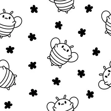 Cartoon cute bee. Seamless pattern. Coloring Page. Stock Illustration
