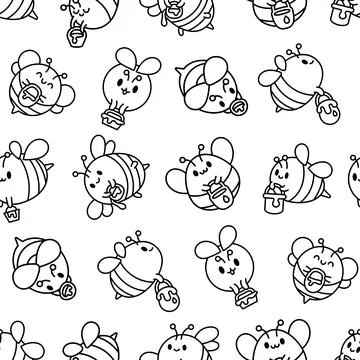 Cartoon cute bee. Seamless pattern. Coloring Page. Stock Illustration