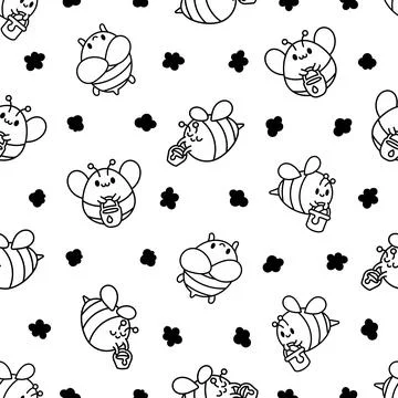 Cartoon cute bee. Seamless pattern. Coloring Page. Stock Illustration