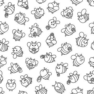 Cartoon cute bee. Seamless pattern. Coloring Page. 스톡 일러스트