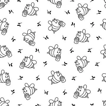 Cartoon cute bee. Seamless pattern. Coloring Page. Stock Illustration