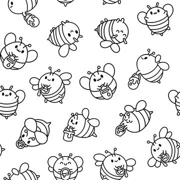 Cartoon cute bee. Seamless pattern. Coloring Page. Stock Illustration