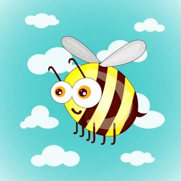 Cartoon cute bees on sky with clouds vector illustration Stock Illustration
