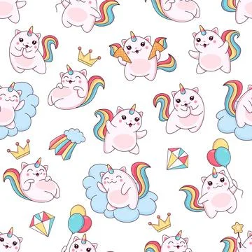 Cartoon cute caticorn seamless pattern, funny cats Stock Illustration