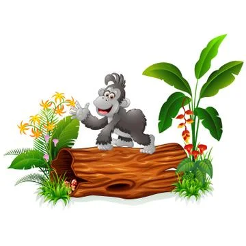 Cartoon of cute chimp on tree trunk Stock Illustration