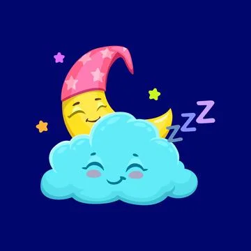 Cartoon cute cloud and crescent sleeping in sky Stock Illustration