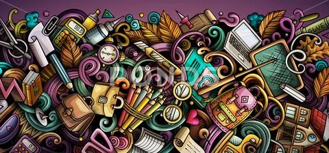 Cartoon cute colorful hand drawn doodles School background Stock Illustration