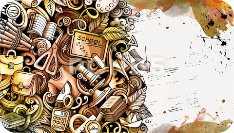 Cartoon cute colorful hand drawn doodles School background Stock Illustration