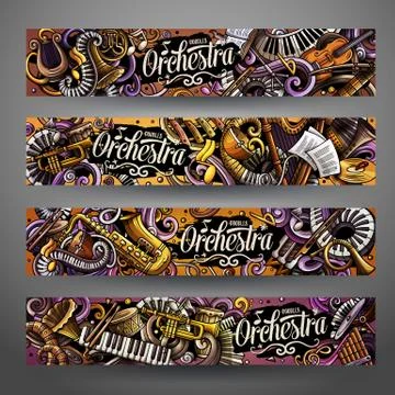 Cartoon cute colorful vector hand drawn doodles Classic music banners Stock Illustration
