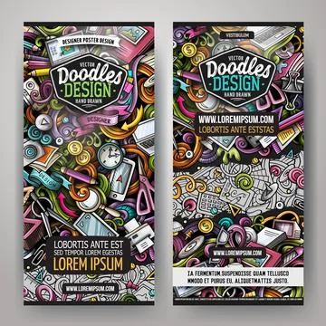 Cartoon cute colorful vector hand drawn doodles Designer banners Stock Illustration