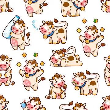Cartoon cute cow characters in pattern background Stock Illustration