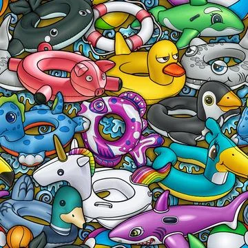 Cartoon cute doodle Inflatable Pool Circles Seamless Pattern. Ilustración de archivo